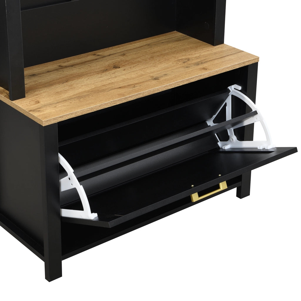 Mobile Ingresso Appendiabiti a Albero con Mensola e Scarpiera; in MDF; Nero e Legno; 75??35??195 cm