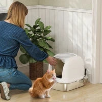 Lettiera per Gatti in Acciaio Inossidabile XL con Coperchio Ribaltabile Laterali Alti Ingresso Superiore Pala Bianco