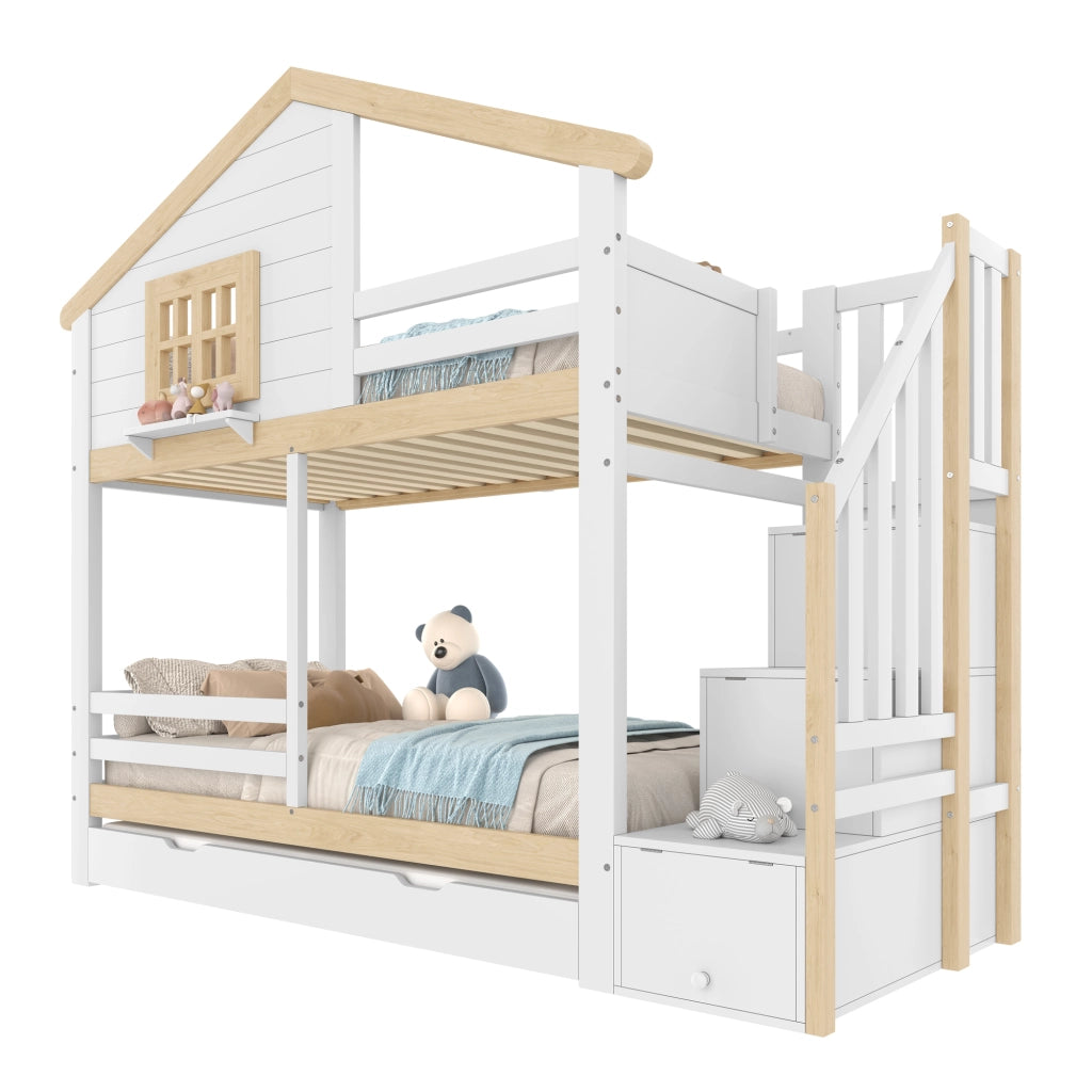 Letto a Castello 90x200 cm con Letto Estraibile; Sponde e Scala contenitore - Bianco