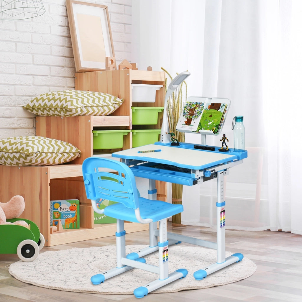 Scrivania per bambini altezza regolabile 54-76cm Set tavolo e sedie bimbi inclinabile con lampada, Blu-Tavoli e sedie