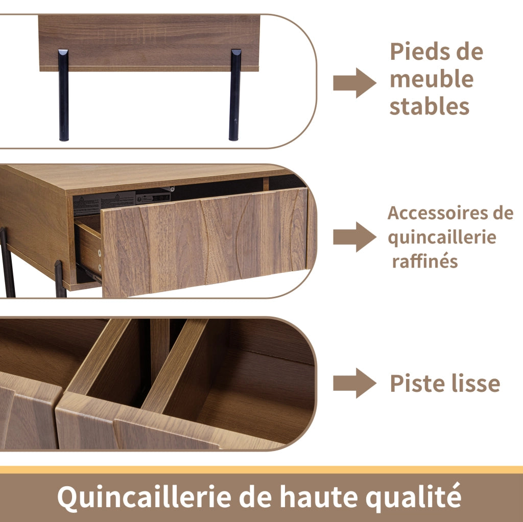 Tavolino da Caffè con 2 Cassetti Ondulati; Stile Vintage; in MDF e Pannello Truciolare; 105×55×41 cm; Naturale