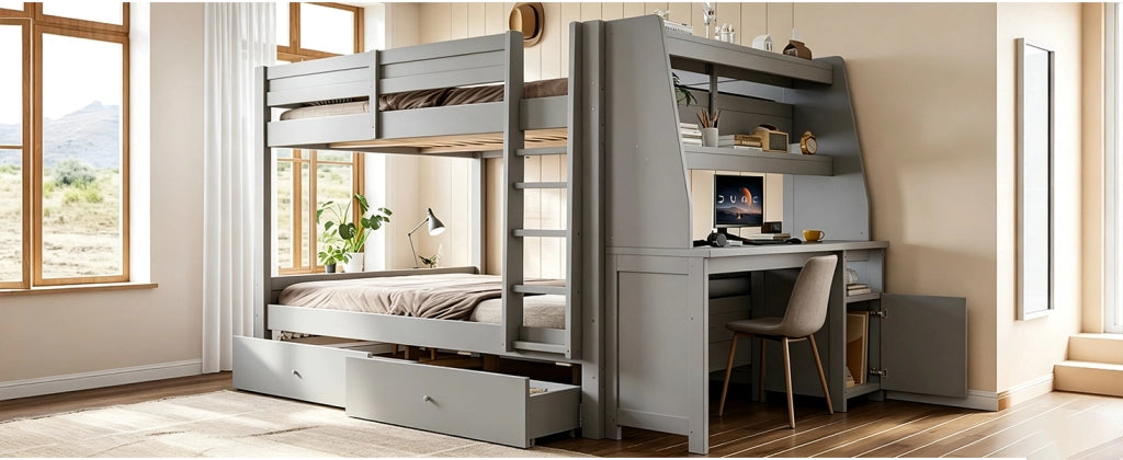 Letto a castello con armadio laterale e scrivania, 140x200 cm, grigio