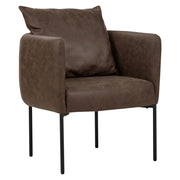 Poltrona in ecopelle marrone scuro con cuscino gambe in ferro nero stile retrò elegante
