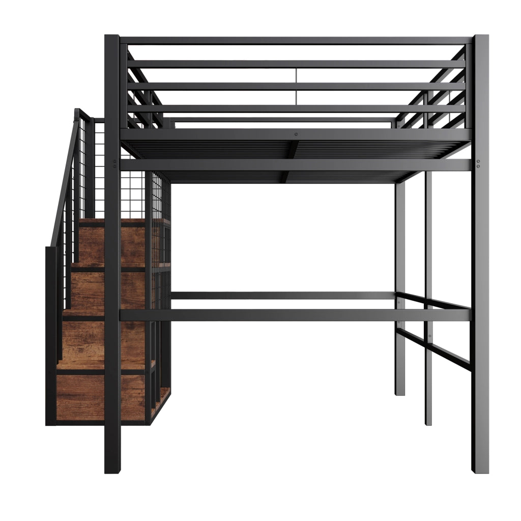 Letto a soppalco singolo 140 × 200 cm con scala, contenitore integrato e barriera, senza materasso, metallo nero