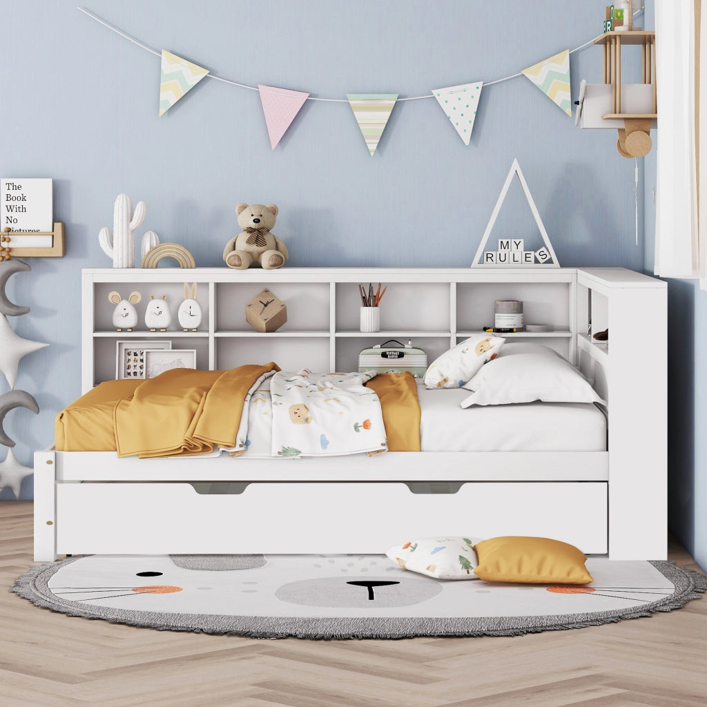 OKWISH Letto a Scomparsa 140×200 cm e 90×190 cm, Letto 3 Posti con USB, Vani Portaoggetti e Contenitori, senza Materasso, in Legno, Bianco