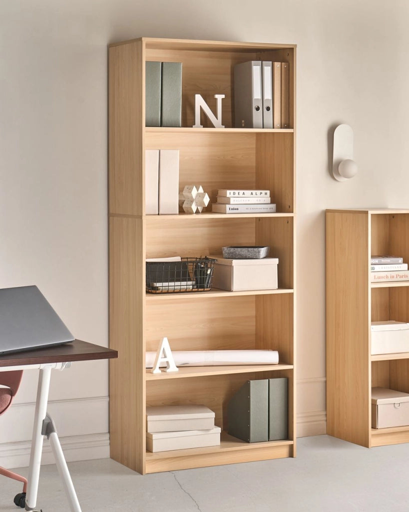 Libreria a 5 ripiani in stile minimalista in truciolato marrone chiaro soggiorno salotto