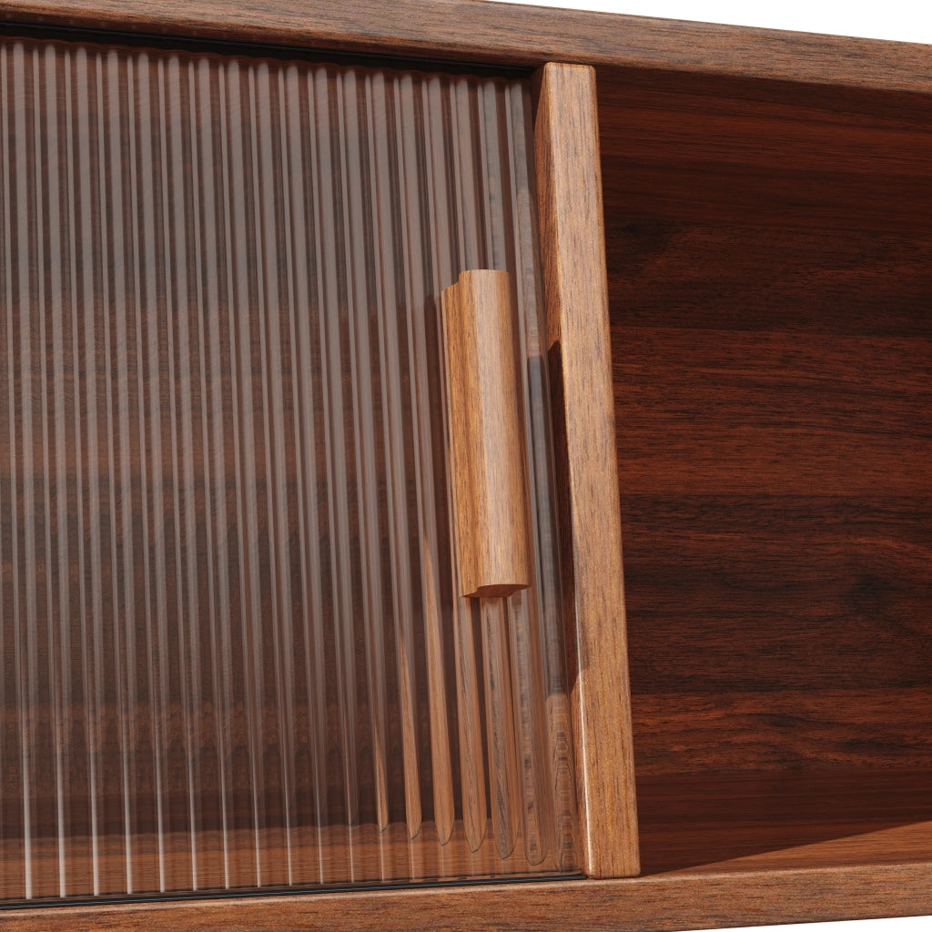 Credenza con 3 cassetti; ante scorrevoli in vetro e vani aperti - per cucina - noce
