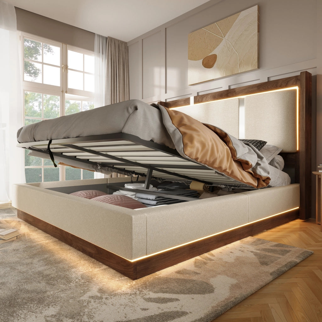 LETTO Contenitore 140x200 cm Beige in lino e legno con LED