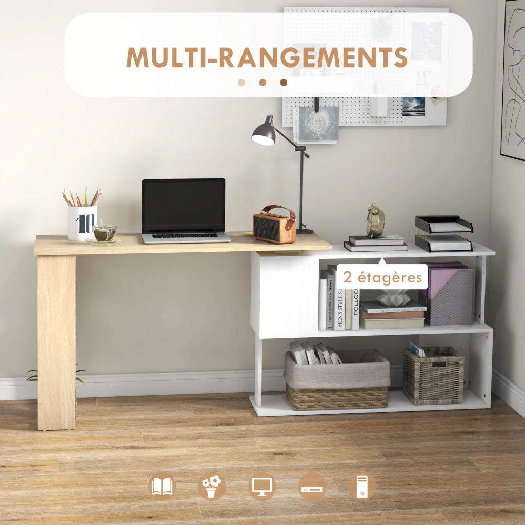 Scrivania angolare con libreria e scaffali ¨C zephmum ¨C bianco e legno naturale