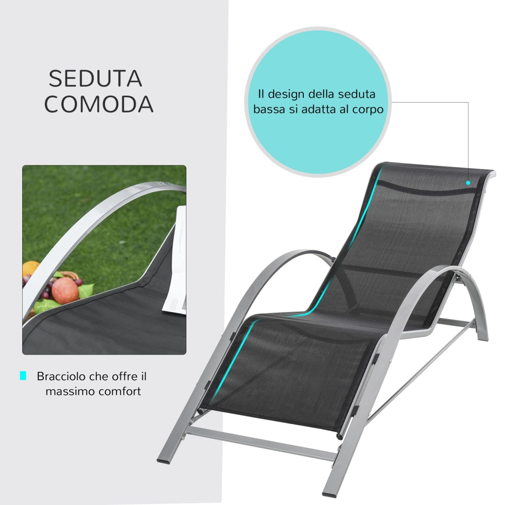 Easycomfort Set 2 Sdraio da Giardino e Tavolino con Vetro, Lettino Prendisole con Tessuto Traspirante 59 x 169 x 66cm, Nero Grigio
