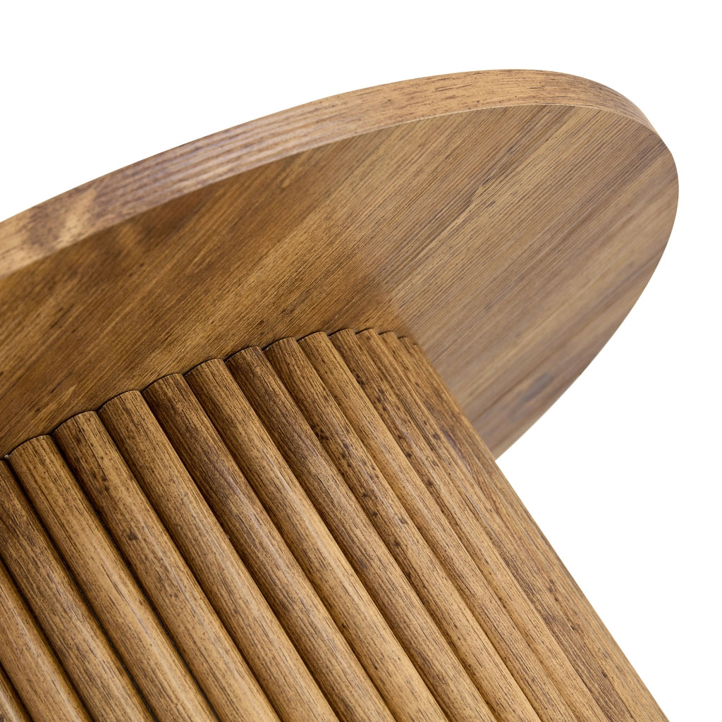 Tavolino basso rotondo in MDF con base a colonna e telaio metallico per soggiorno, effetto legno, 70 × 42 cm