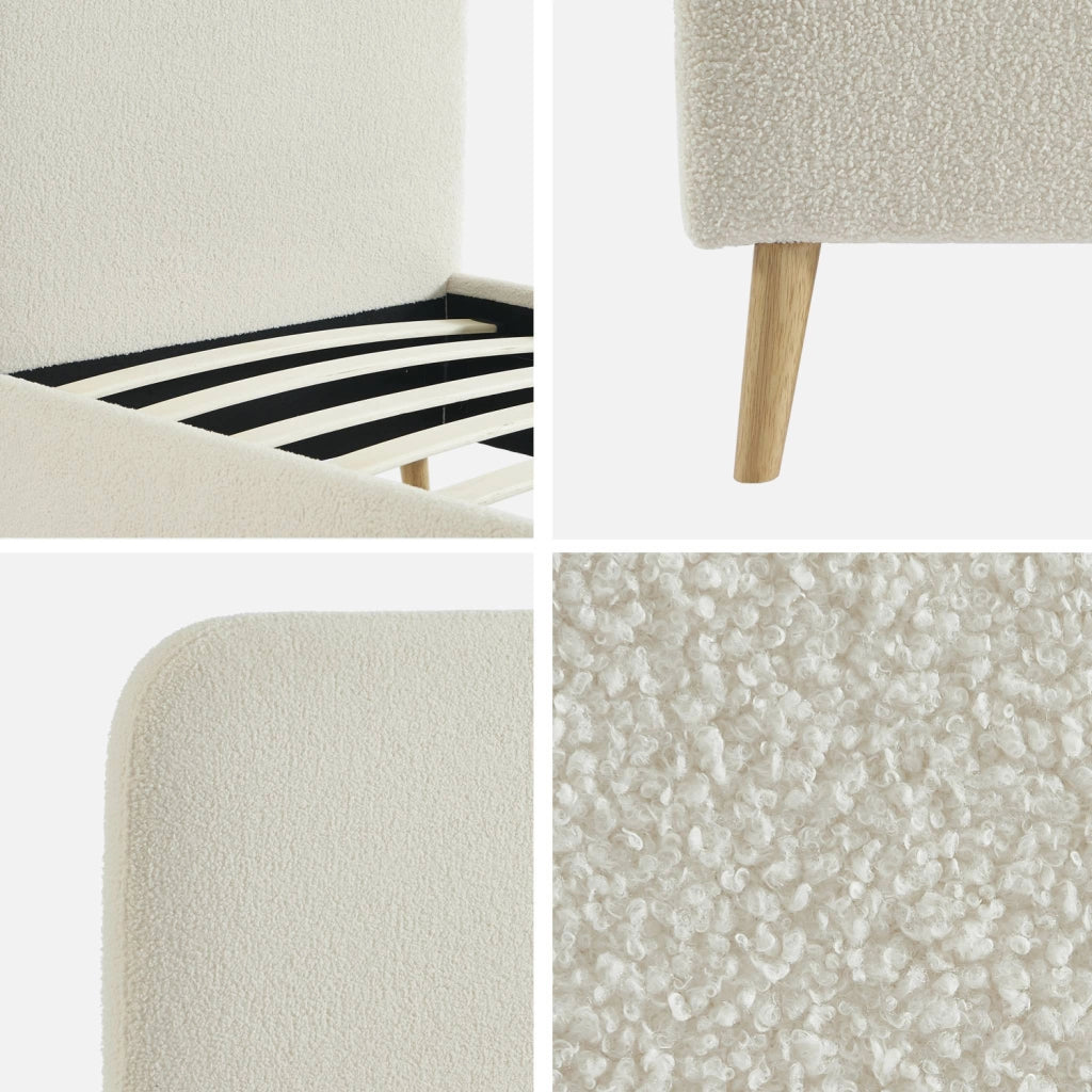 Letto con rete e testiera imbottita bouclé, 90x190cm, crema