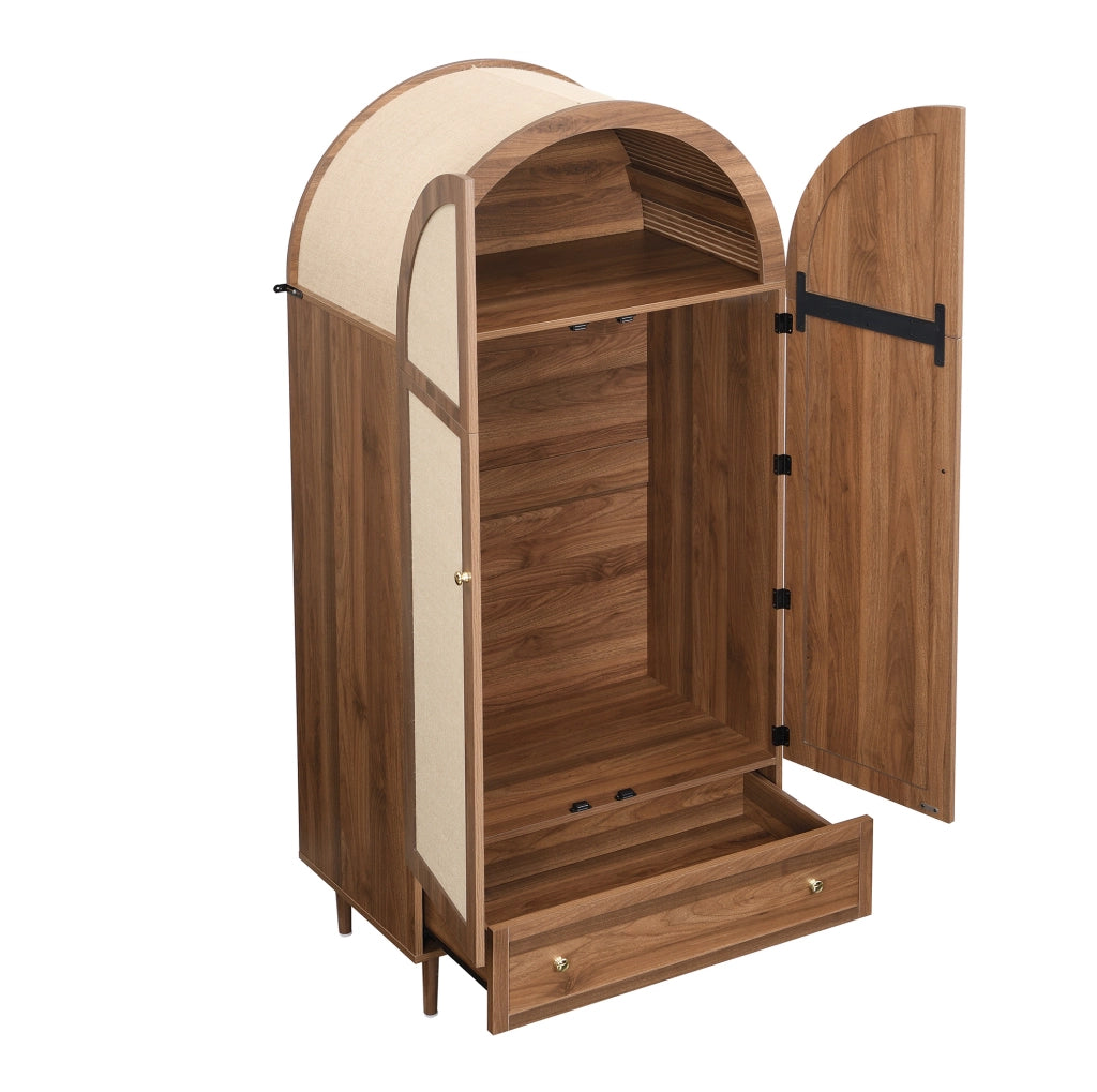 Armadio 79x50x175 cm con ante rivestite in tessuto e cassetto in MDF naturale