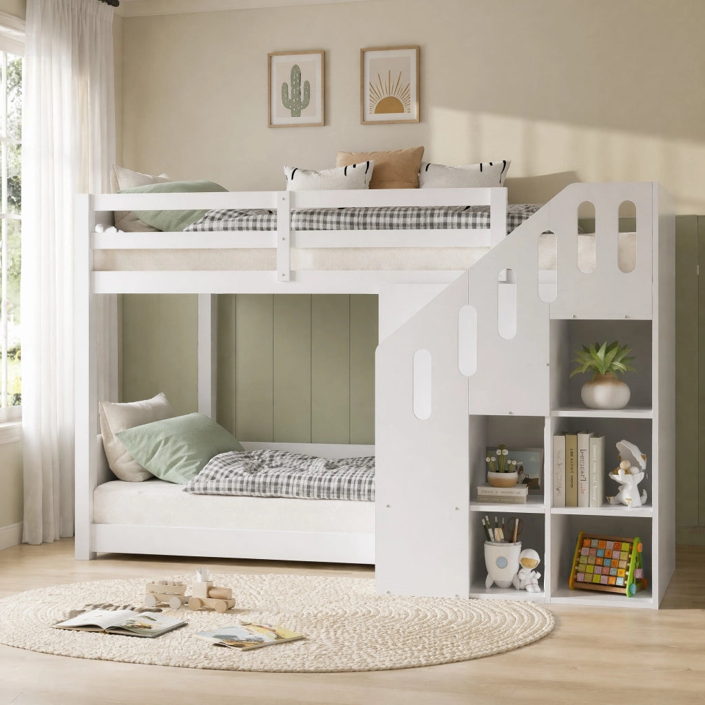 LETTO a castello con scala contenitore 90x200 cm Legno massello Bianco