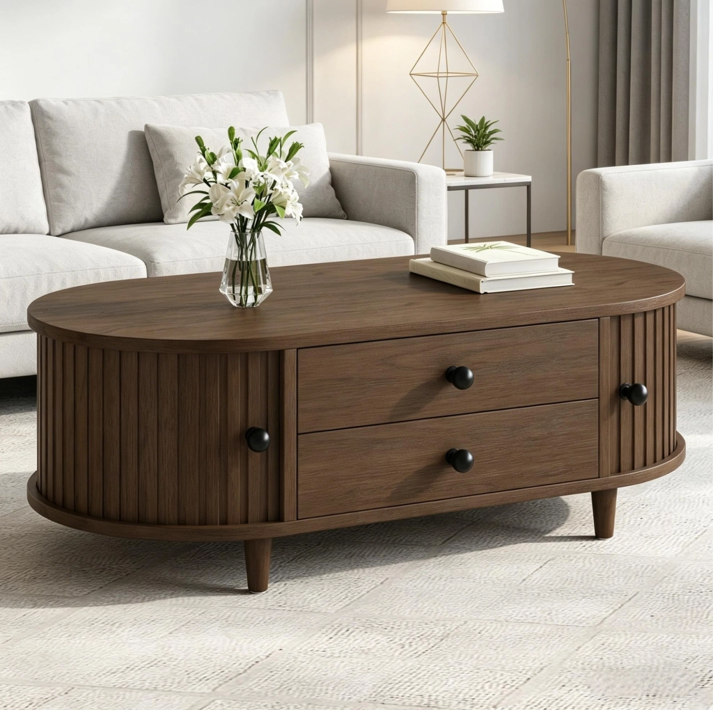 Tavolino da salotto rotondo 100x50x36 cm effetto noce; in MDF con 2 cassetti e ante scorrevoli
