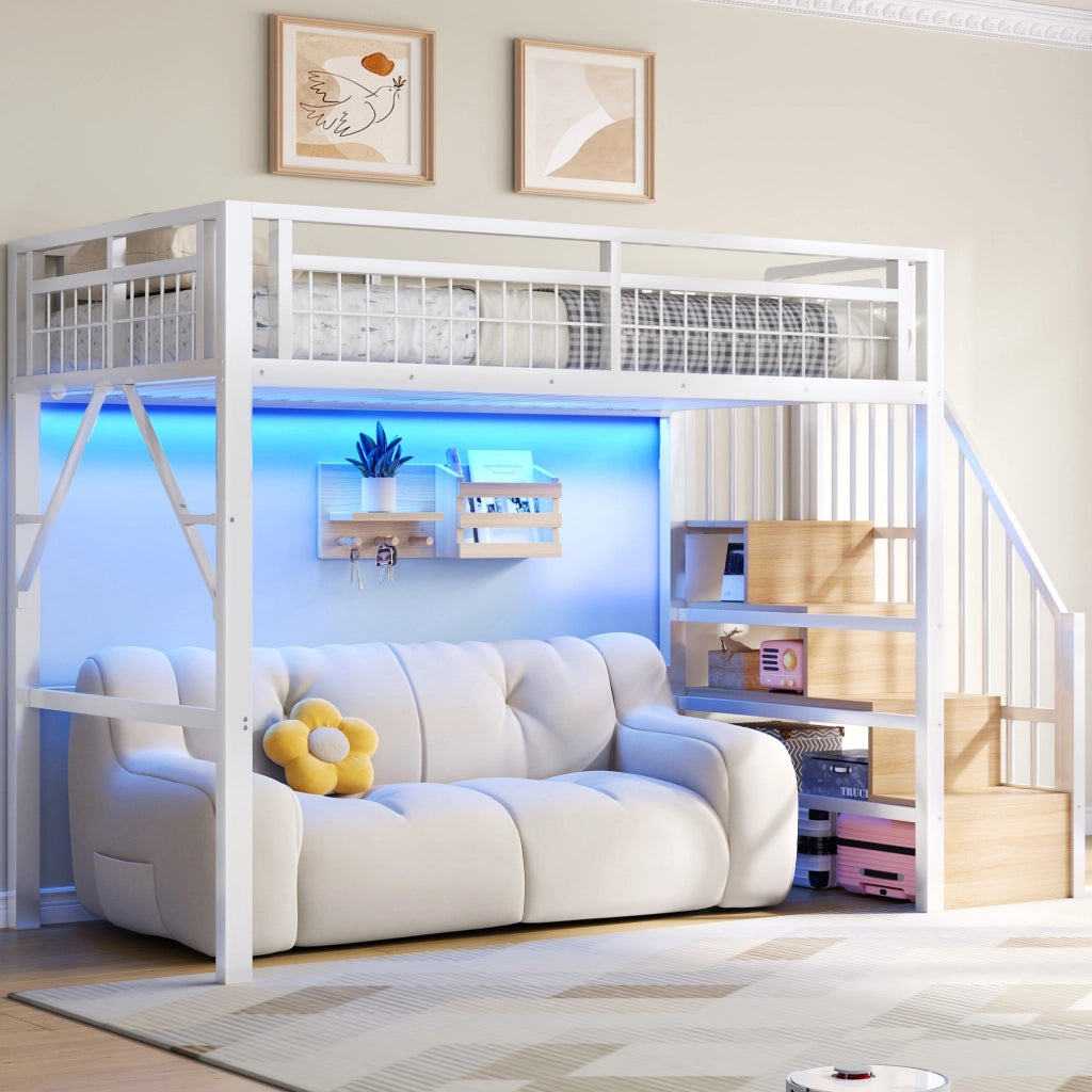 Letto a soppalco singolo 90×200 cm con LED e scale con vano contenitore; senza materasso; metallo; bianco