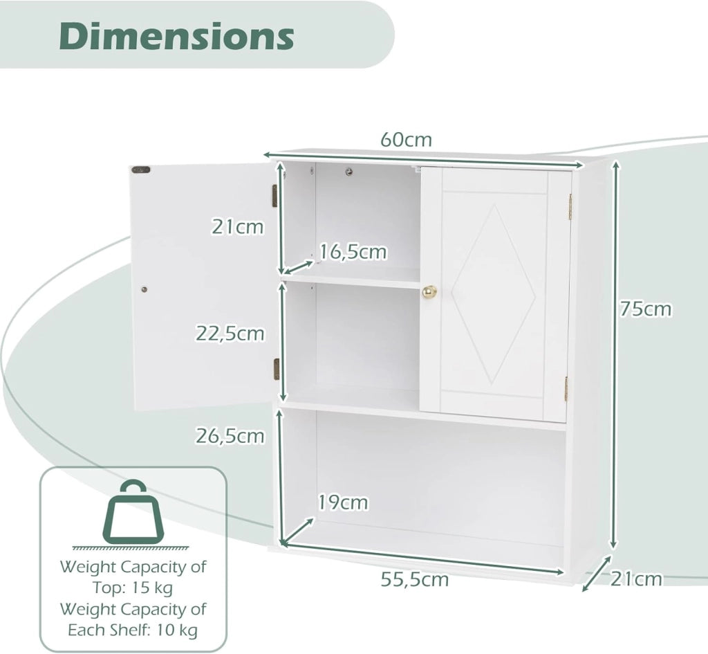 Armadio pensile a 2 ante e ripiano regolabile in altezza, armadietto per medicinali con ripiano aperto per asciugamani, armadietto da bagno per bagno, soggiorno e cucina, 60 x 21 x 75 cm