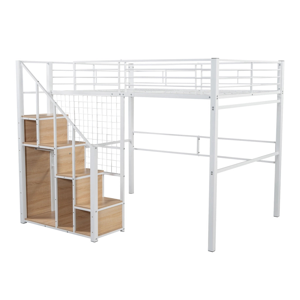 Letto a soppalco singolo 140×200 cm con scala; barriera e vano contenitore; senza materasso; metallo; bianco