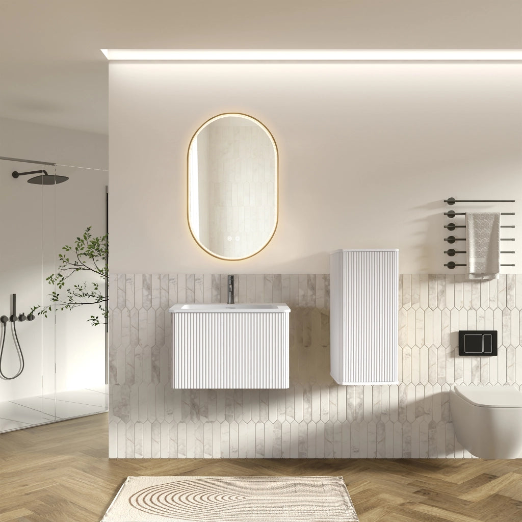 Mobile bagno sospeso con lavabo; specchio LED e colonna con vani contenitore per bagno; in MDF e vetro; bianco