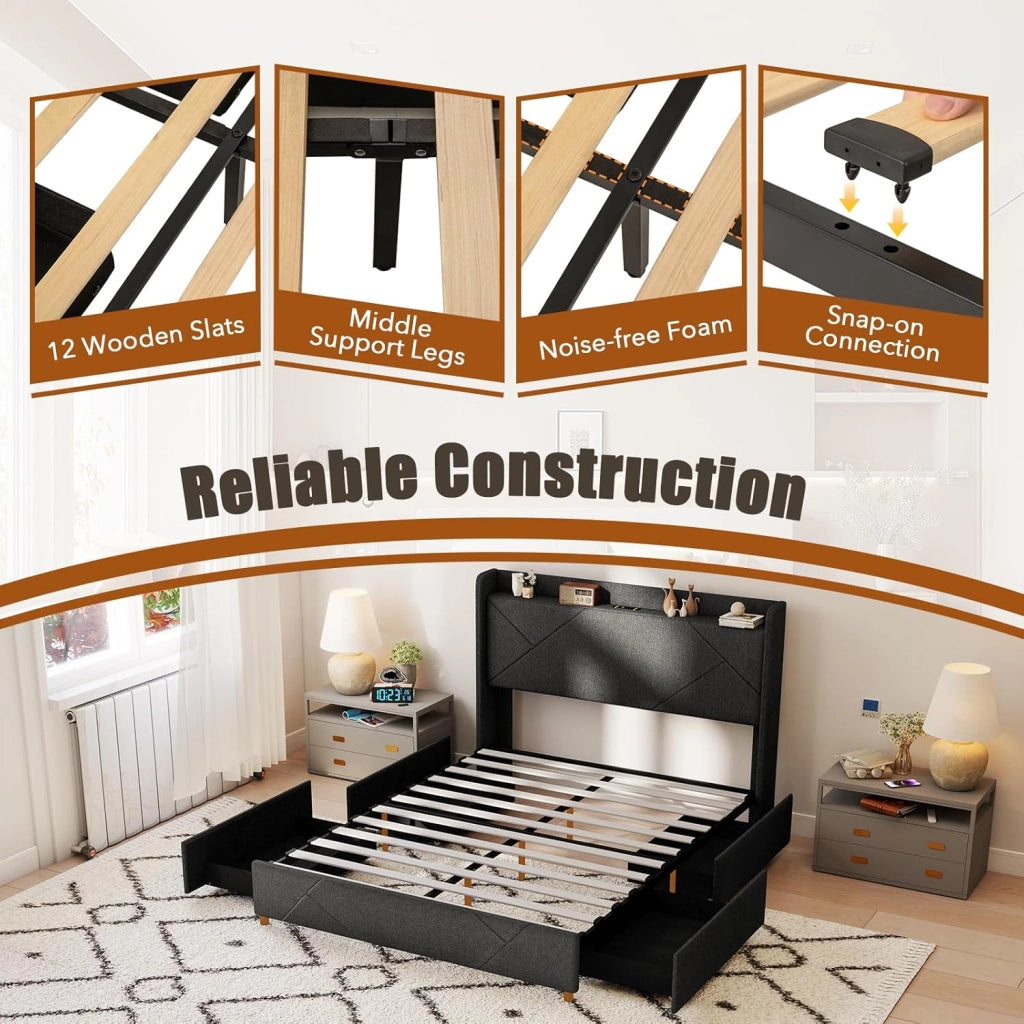 Telaio Letto Matrimoniale 160 x 200 cm con Illuminazione a LED, Presa e Stazione di Ricarica, Telaio Imbottito con Rete a Doghe, 4 Cassetti Pieghevoli e 2 Tasche, Grigio
