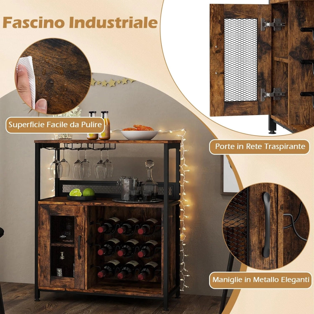 Cantinetta Porta Bottiglie di Vino, Armadietto per Vino con Portabicchieri, Scaffale Aperto e Ripiano Rimovibile, Credenza in Legno Industriale per Cucina e Sala da Pranzo, 75 x 34 x 90,5 cm