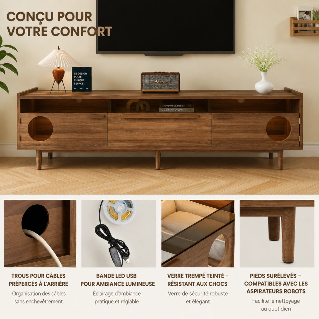 Mobile TV 180x40x50 cm con illuminazione LED e vano per gatti in MDF; noce
