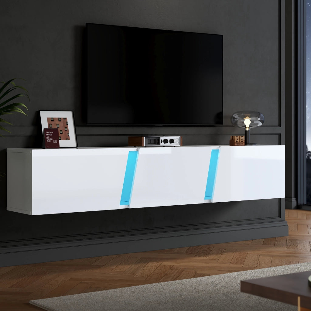 Mobile TV da Parete con 3 Ante a Ribalta e LED; Bianco Lucido; Stile Moderno; in Pannello Truciolare; 180×35×30 cm