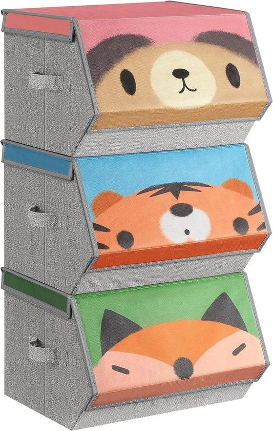 Set di 3 contenitori - Contenitori pieghevoli - Contenitori di tessuto con maniglie - Organizzatore - Coperchio magnetico - per camera dei bambini - camera di gioco - motivi animali - Rosa - Blu, Verde e Grigio - 38cm x 35cm x 25cm