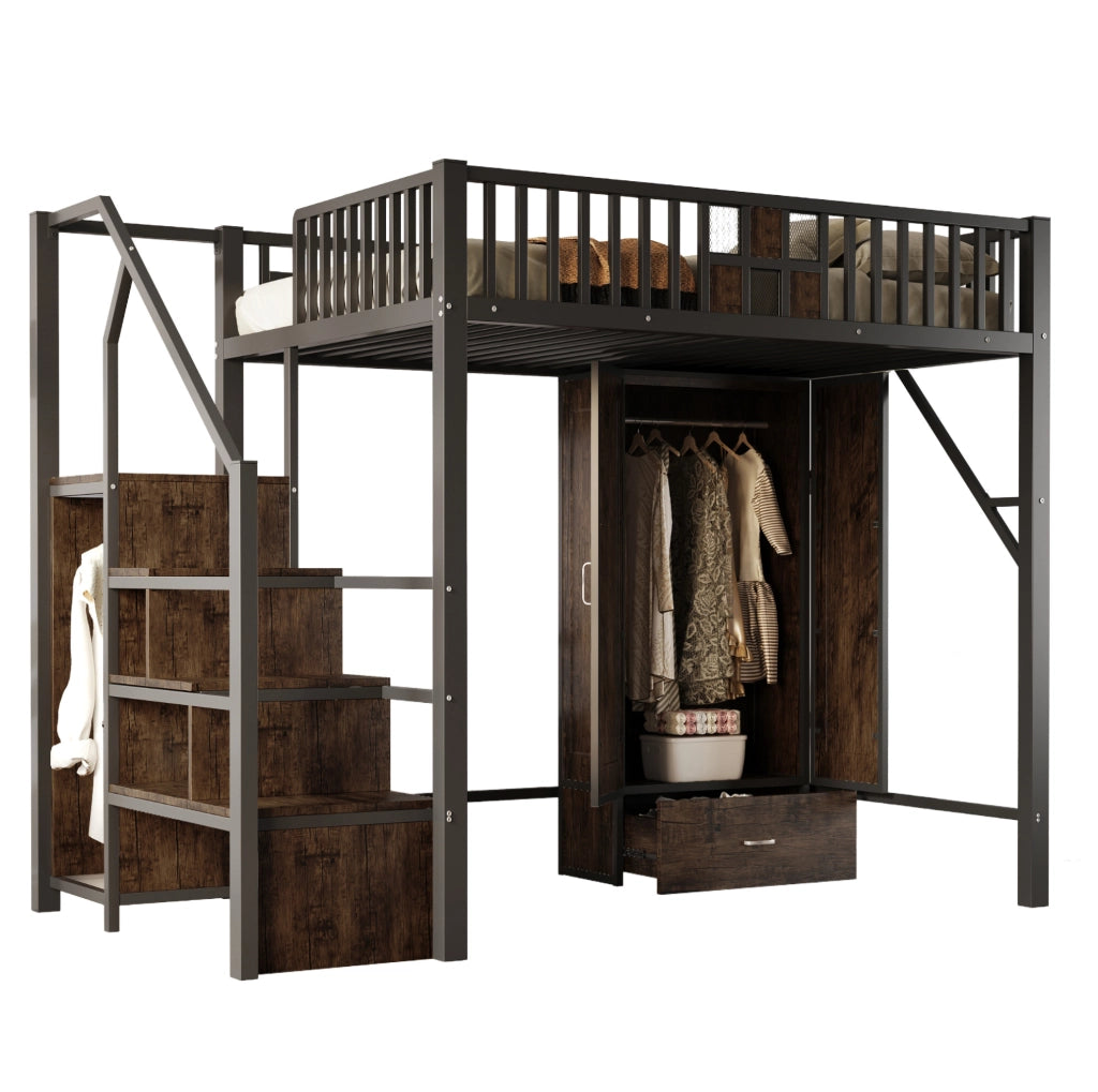 Letto a soppalco 140x200 cm con armadio e scala contenitore