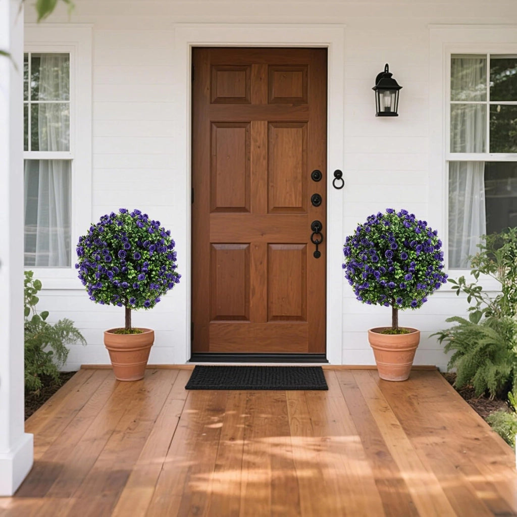 Set di 2 alberi di bosso con rose viola, piante artificiali in vaso con palline di cespugli di bosso, protezione solare, piante ornamentali per ingresso, soggiorno, balcone