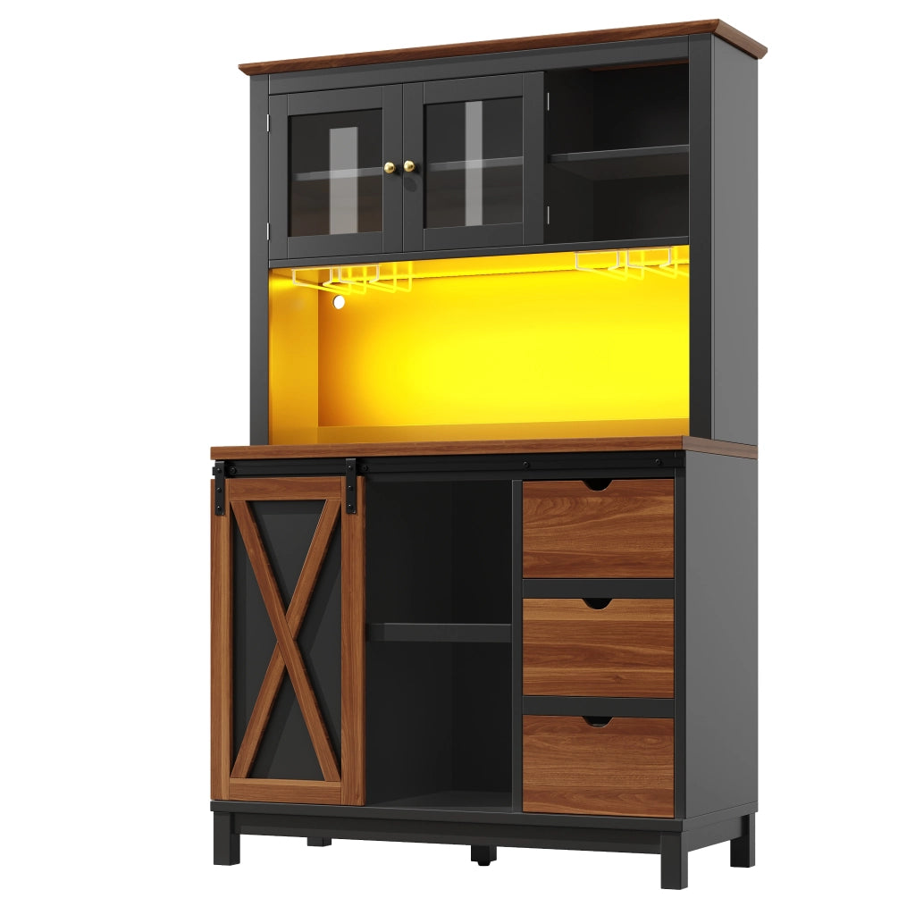 OKWISH Madia Cucina Alta con Porta Scorrevole in Vetro e Ripiani Regolabili, LED, per Cucina, MDF Metallo Vetro, Nero 104×40×180 cm