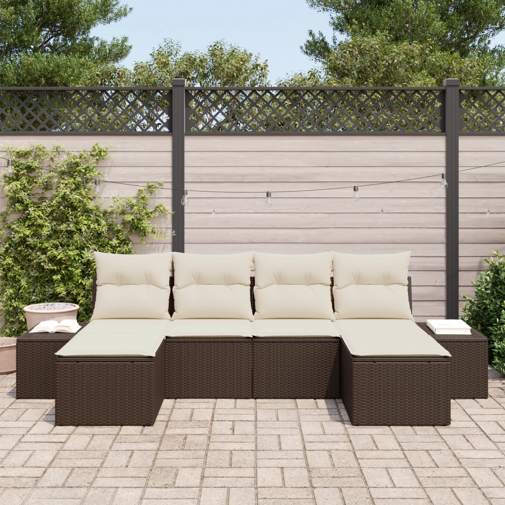Set di divani da giardino da 6 pezzi con cuscini in polirattan marrone