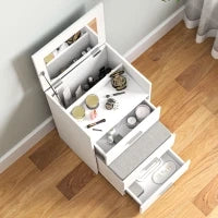 Tavolo da Trucco in Legno con Specchio Ribaltabile, 2 Cassetti e Sgabello, 50x40x113.5 cm, Bianco