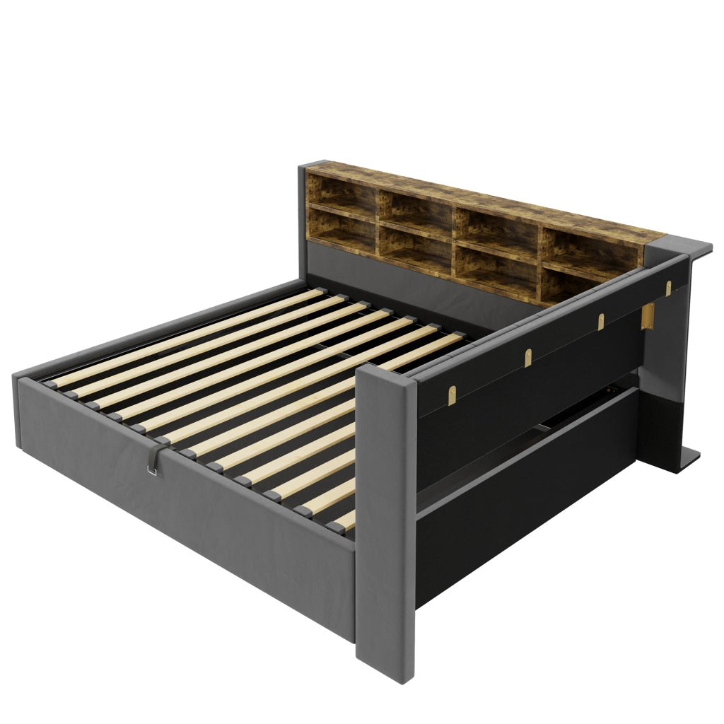 Letto imbottito matrimoniale 140×200 cm con contenitore idraulico; LED; USB; Type-C; ripiani; senza materasso; grigio