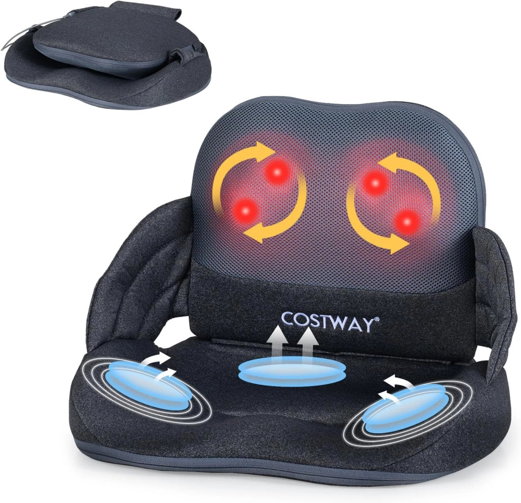 Massaggiatore con Riscaldamento, Cuscino Sedile Pieghevole con Massaggio Shiatsu per Lombare e Fianchi con Impastamento, Compressione ad Aria a 3 Livelli e Vibrazione