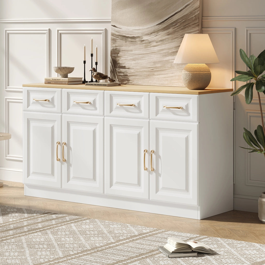 Credenza con 4 ante; 4 cassetti e ripiani regolabili - per cucina - in truciolare - 140×40×75 cm - bianco e rovere