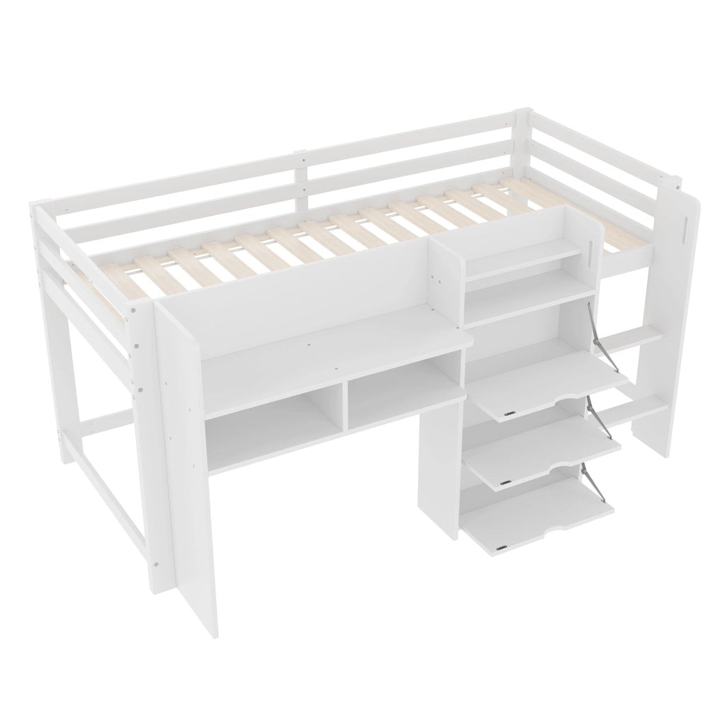 Letto a soppalco singolo 90×200 cm con cassetti; ripiani; scala e sponde; senza materasso; bianco