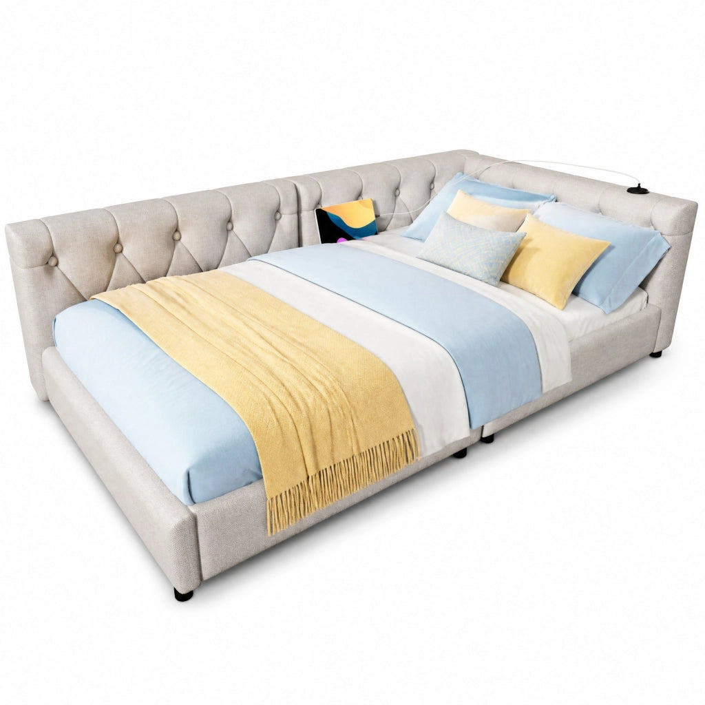 Letto daybed 90x200 cm in lino beige con rete a doghe, LED RGB, USB e Type-C, senza materasso