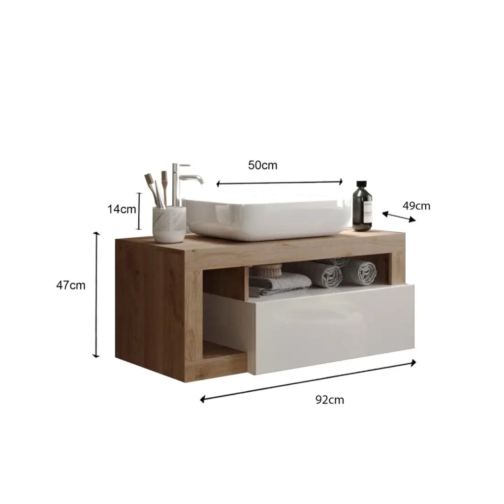 Mobile da bagno sospeso con lavabo e cassetto, lunghezza 92 cm, collezione BURA, bianco lucido/quercia chiara.