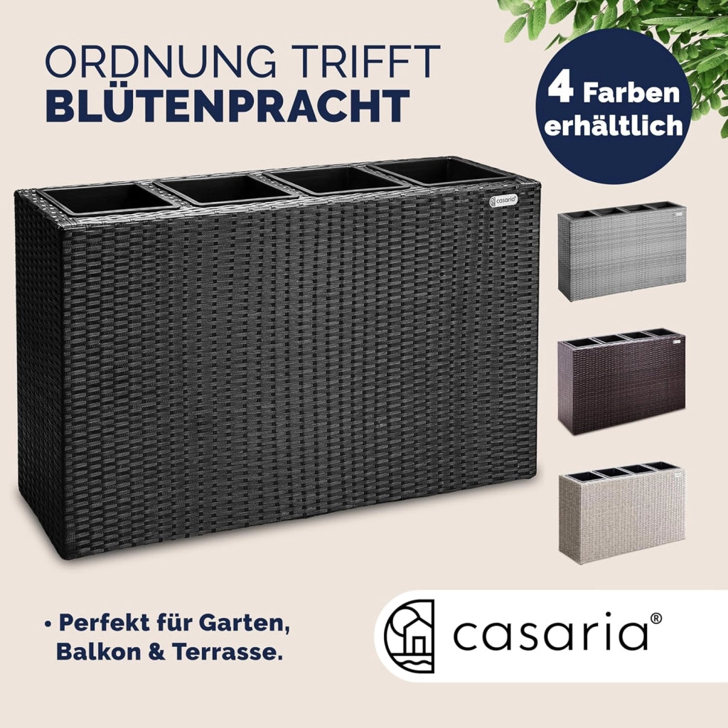 Fioriera Rettangolare 95x27x60 cm con 4 Vasi Interni in Polyrattan con Sistema di Drenaggio Fioriere Porta Vaso da Fiori Piante Divisorio Giardino Balcone Terrazza Nero