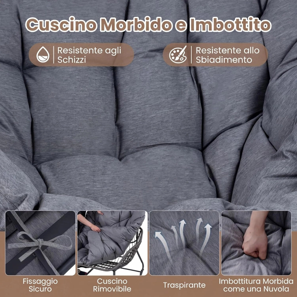 Sedia a Dondolo da Interno ed Esterno, Poltrona a Dondolo con Poggiapiedi e Cuscini Rimovibili, Poltrona Relax in Rattan con Telaio in Metallo per Soggiorno e Giardino, Portata 150 kg (Grigio)