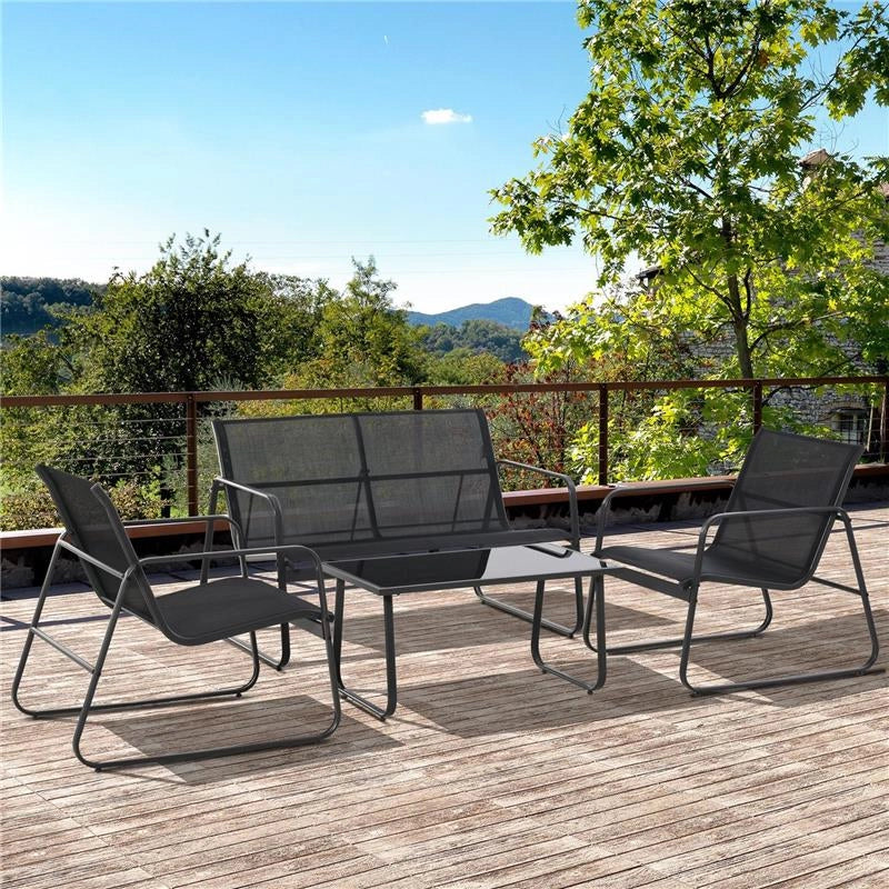 SET TAVOLINO CON PANCHINA E 2 SEDIE DA GIARDINO, ARREDAMENTO DA ESTERNO IN METALLO E TEXTILENE, NERO