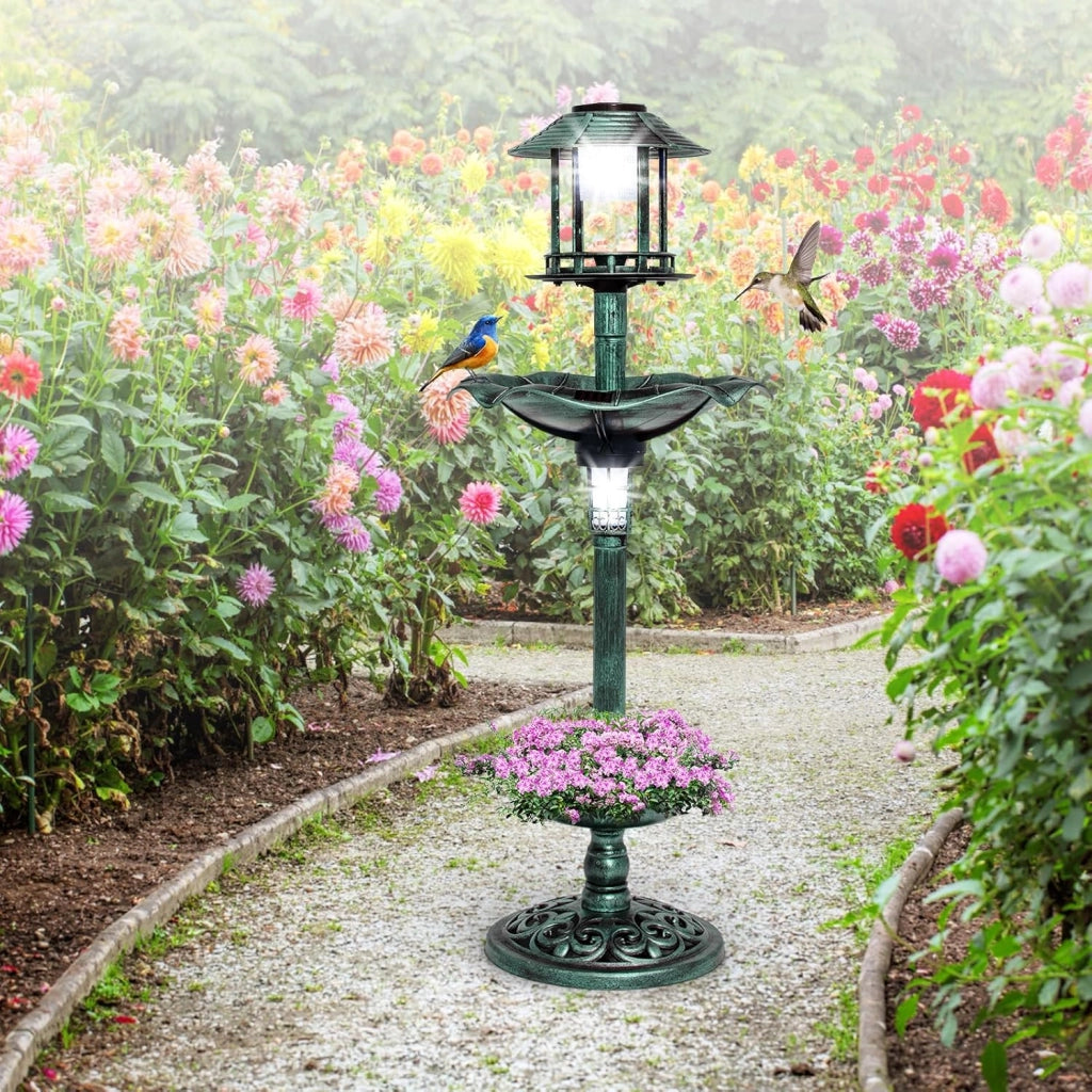 Vasca per Uccelli da Giardino a Energia Solare, Abbeveratoio e Mangiatoia per Uccelli da Esterno con 2 Lampade a Energia Solare, Fioriera e Supporto Riempibile (Verde)