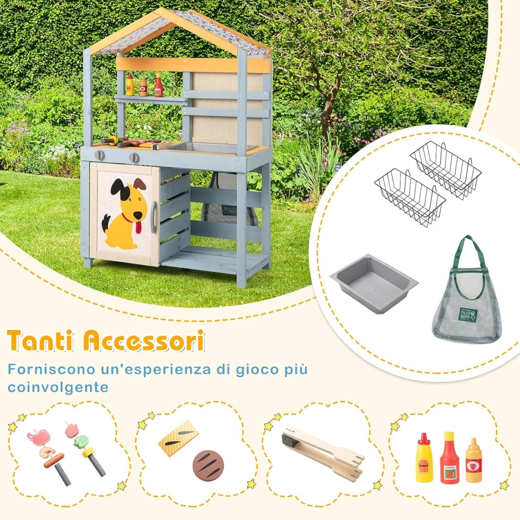 Cucina Giocattolo per Giardino con Negozio e Barbecue 3 in 1, Cucina per Bambini in Legno di Pino con Griglia, Lavagna, Cesti e Forno, Set Cucina con 12 Accessori, 75 x 34 x 111 cm