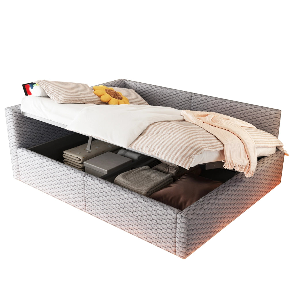 Letto imbottito 140x200 cm con contenitore, LED e porte USB/Type-C