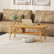 Tavolino basso ovale con ripiano inferiore, per soggiorno e uso quotidiano, 120 × 60 × 42 cm, effetto legno naturale