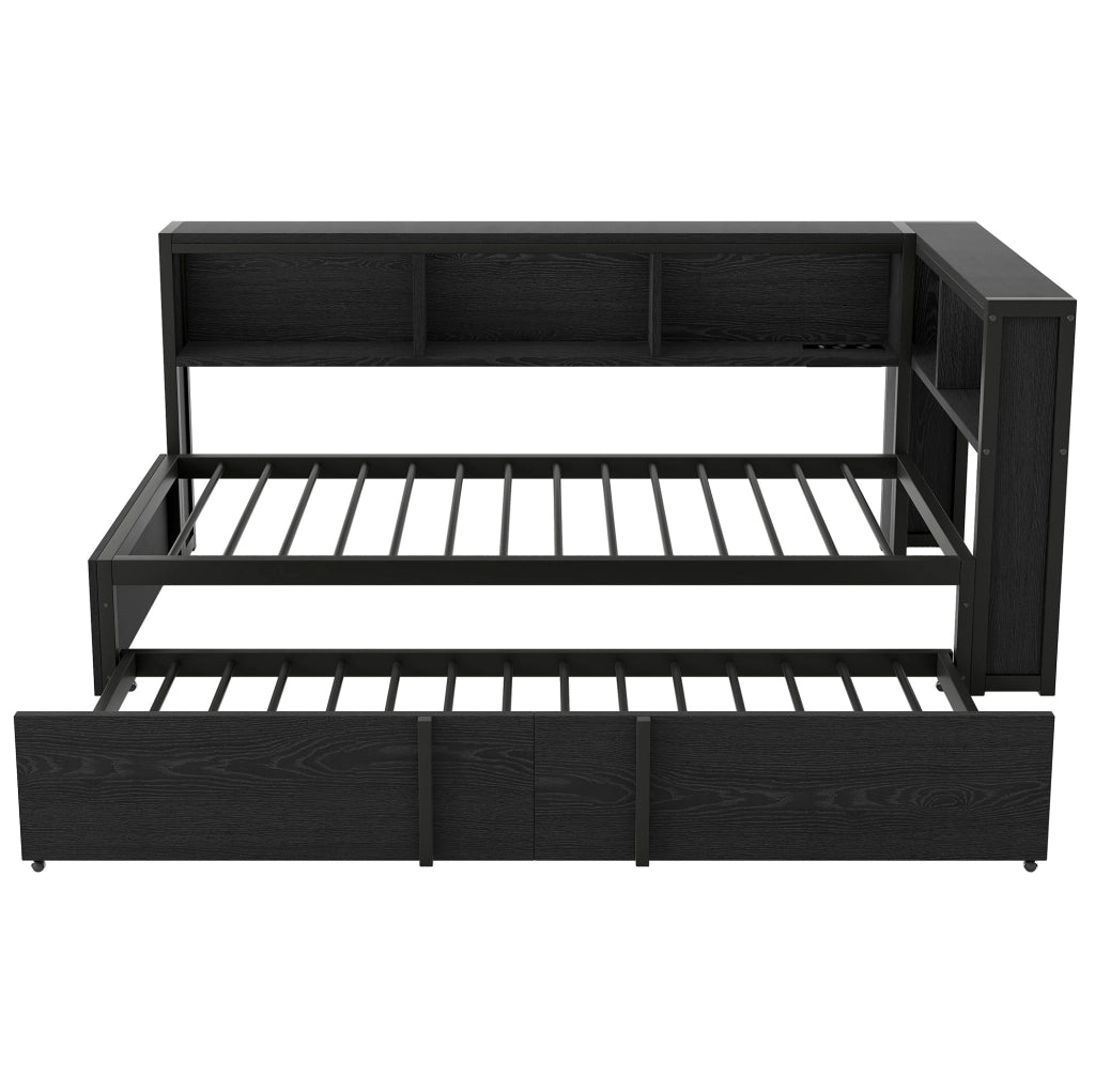 Letto da giorno 90x200 cm con letto estraibile; LED e prese USB in MDF e metallo nero
