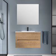 Mobile bagno sospeso 80 rovere cannettato 2 cassetti lavabo e specchio Rigo