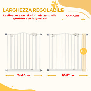 Cancelletto per Cani Estensibile 74-87x78 cm con 2 Blocchi e Chiusura Automatica in Metallo e Plastica Bianco