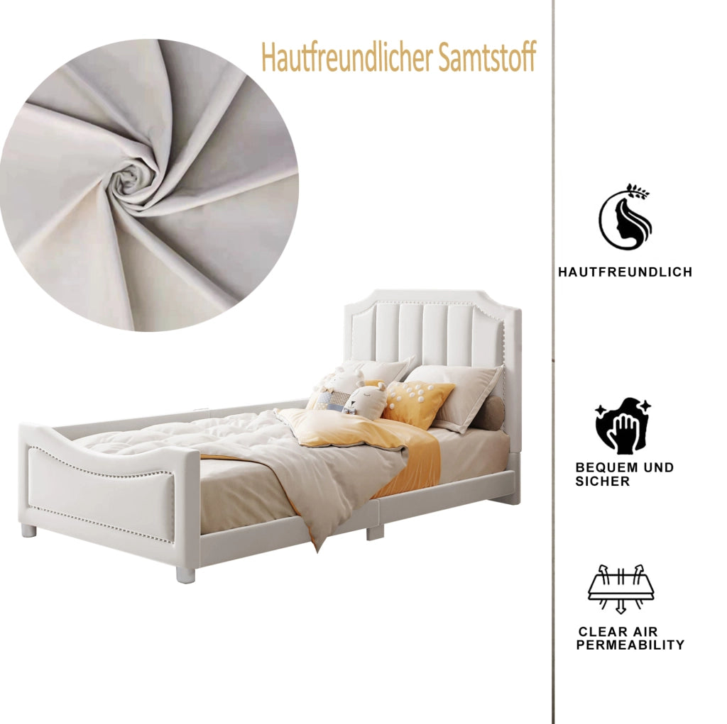Letto imbottito per bambini 211x94;5x41;5 cm in flanella beige con rete a doghe